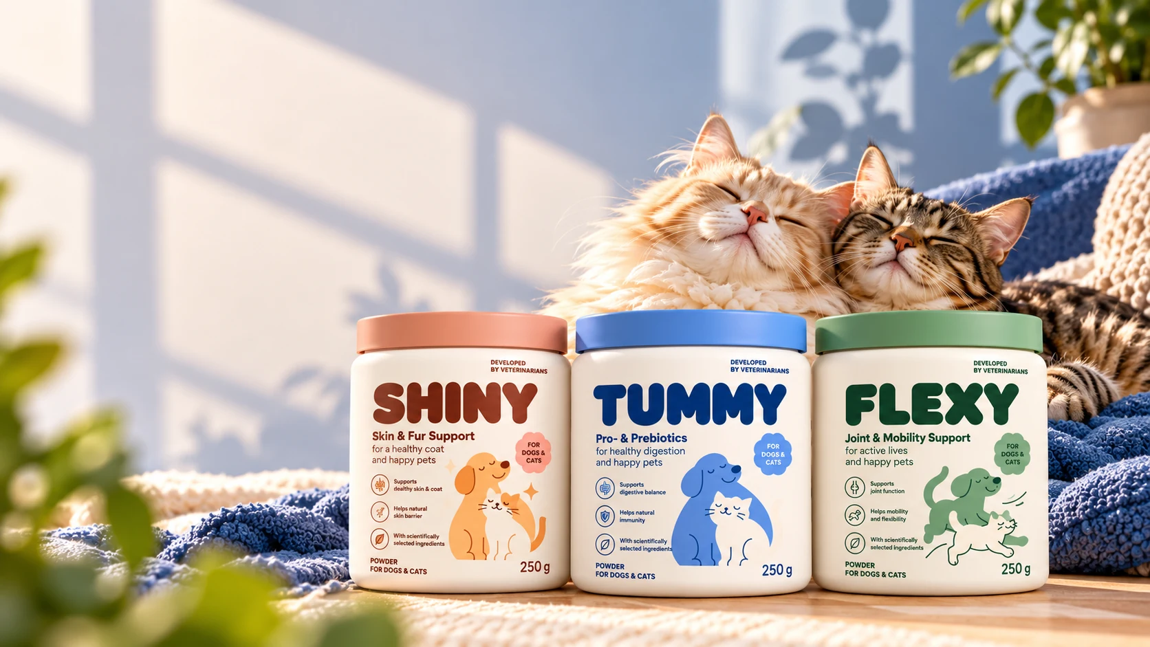 Zwei Katzen kuscheln auf einer blauen Decke, davor SHINY, TUMMY und FLEXY